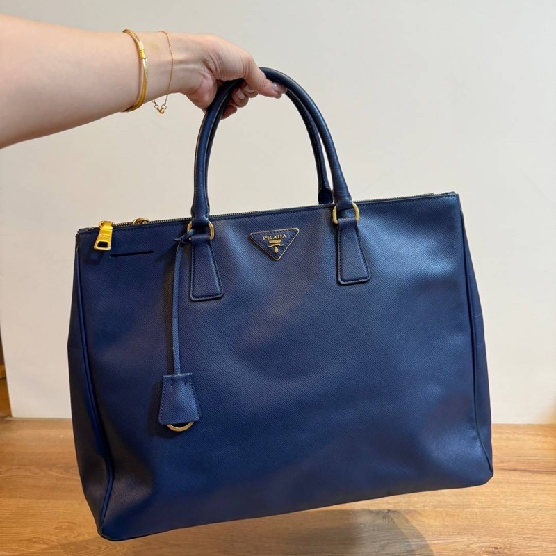 PRADA Galleria 藍色 防刮牛皮 殺手包 手提包 肩背包 公事包 文件包-0