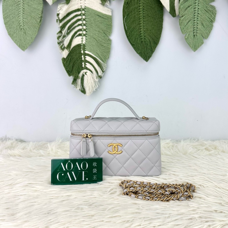 CHANEL 25P LP 灰色金扣荔枝牛皮飯盒包 手提單肩斜肩包-0