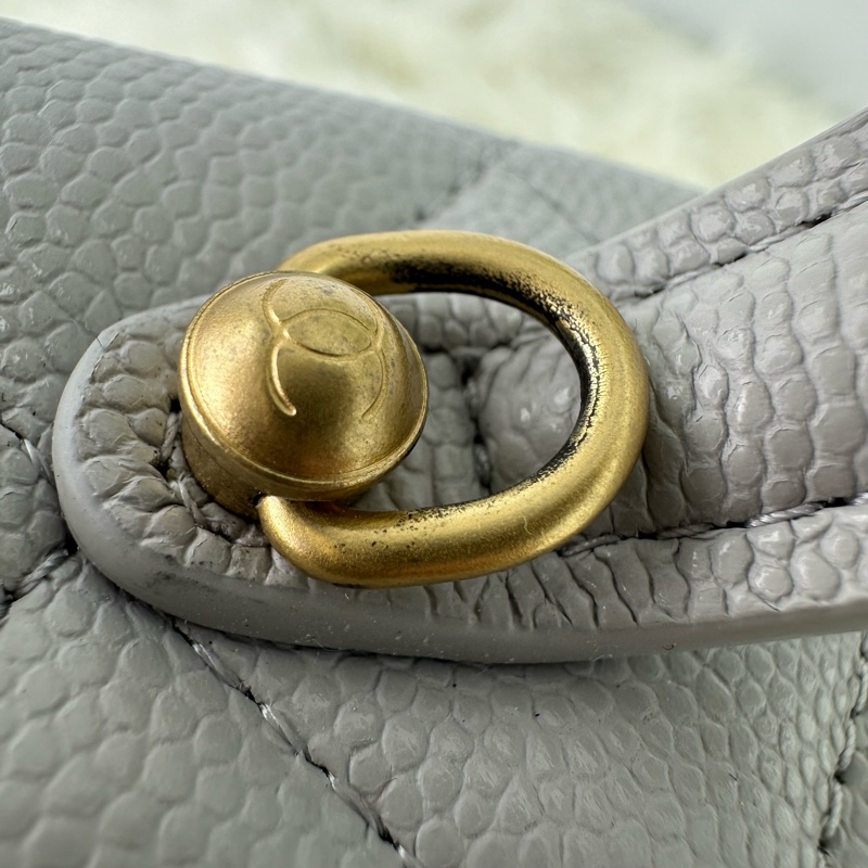 CHANEL 25P LP 灰色金扣荔枝牛皮飯盒包 手提單肩斜肩包-12