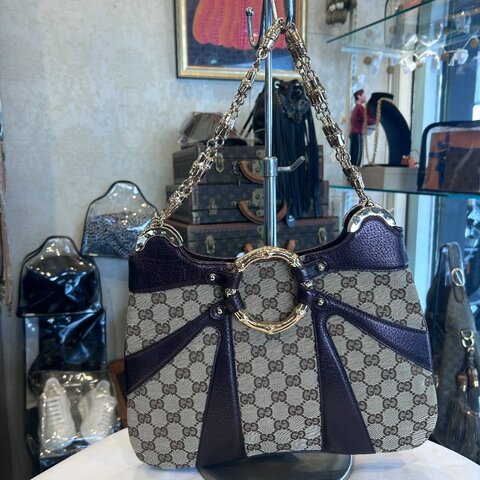 GUCCI卡其提花布拼紫皮竹節側肩包