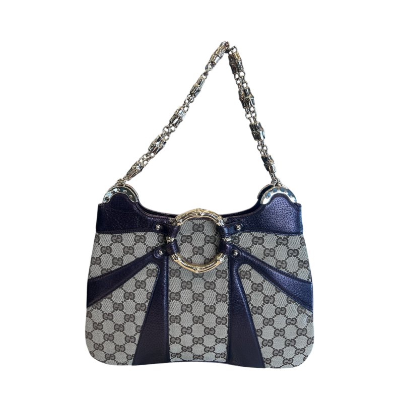 GUCCI卡其提花布拼紫皮竹節側肩包-0