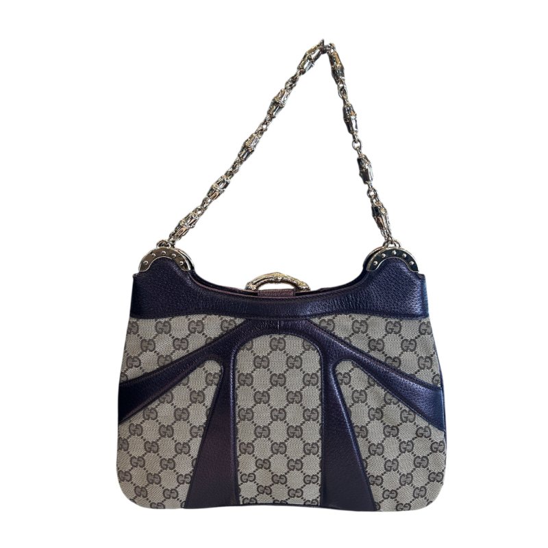 GUCCI卡其提花布拼紫皮竹節側肩包-1