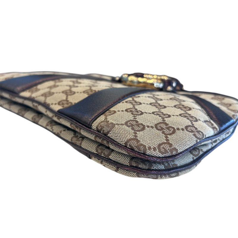 GUCCI卡其提花布拼紫皮竹節側肩包-5