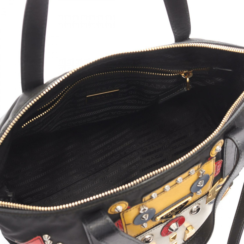 PRADA 托特肩斜背包 尼龍 Saffiano 皮革 黑色 二手 女士-2