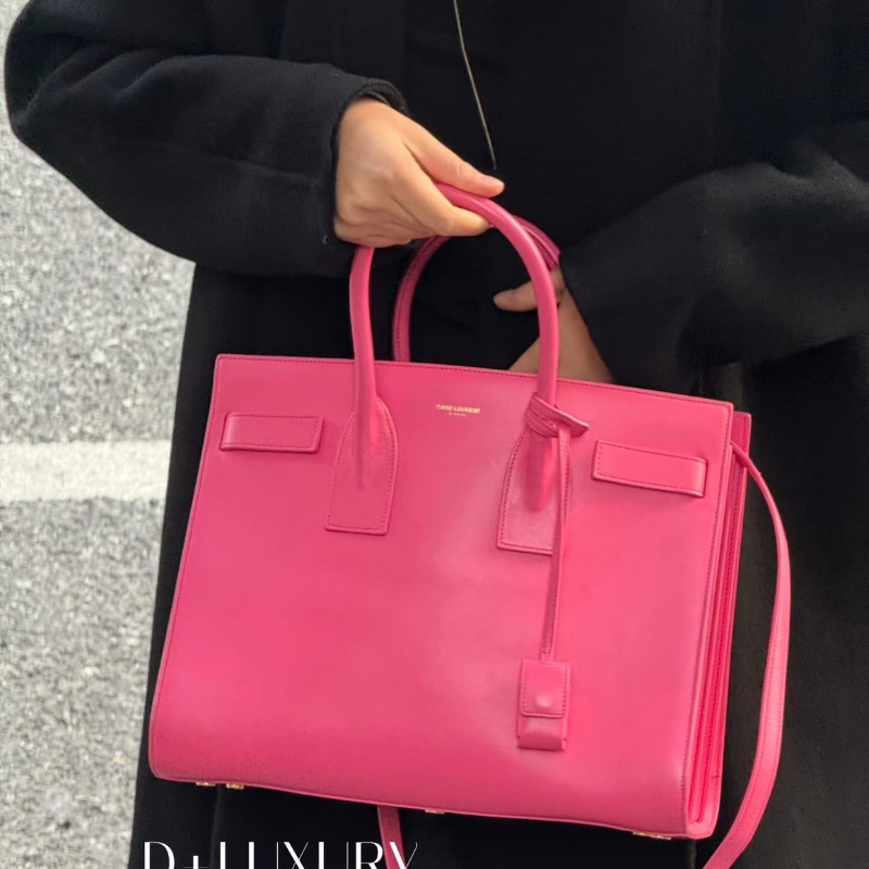 YSL SAC DE JOUR玫紅色金扣手提斜背風琴包 32*24*15 98新配件塵袋鎖鑰匙-0