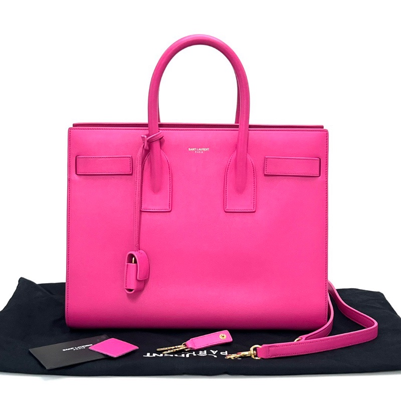 YSL SAC DE JOUR玫紅色金扣手提斜背風琴包 32*24*15 98新配件塵袋鎖鑰匙-1
