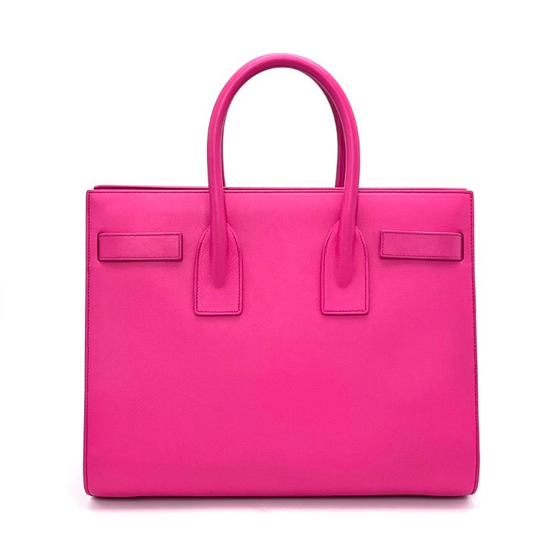 YSL SAC DE JOUR玫紅色金扣手提斜背風琴包 32*24*15 98新配件塵袋鎖鑰匙-6