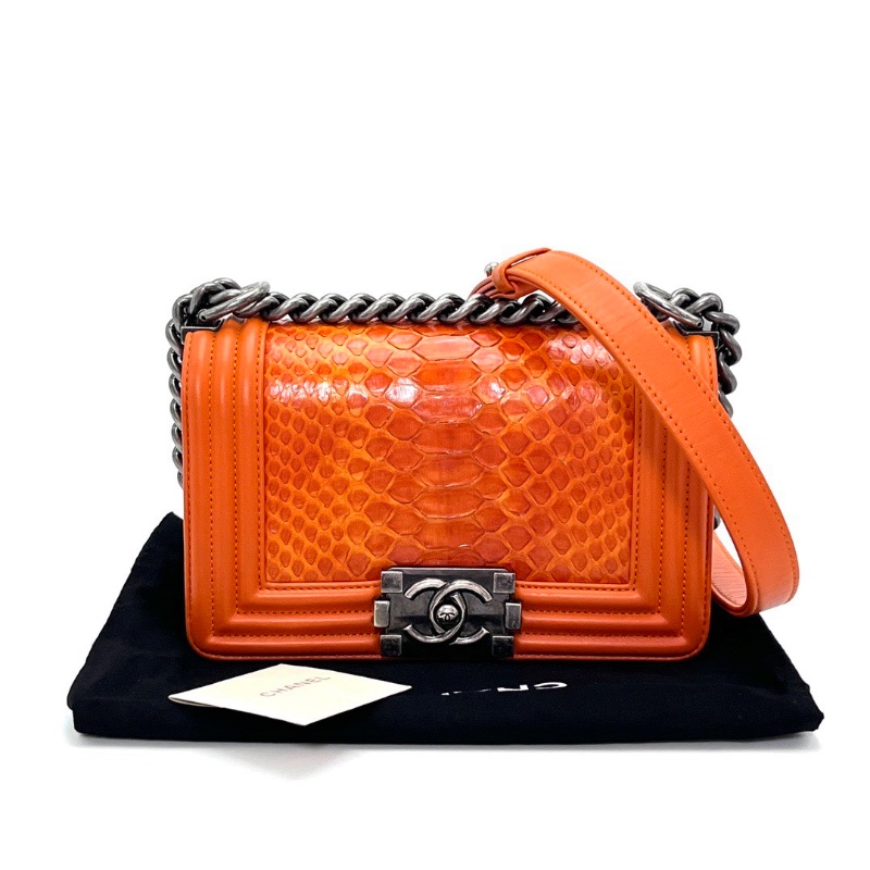 CHANEL橙色限量蛇皮 leboy小號鏈條包 20*11*6 98新配件塵袋-1