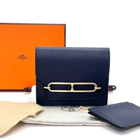 HERMES午夜藍金扣豬鼻子 slim子母零錢手拿包 13*11*2 全新閒置配件盒子塵袋毛氈布
