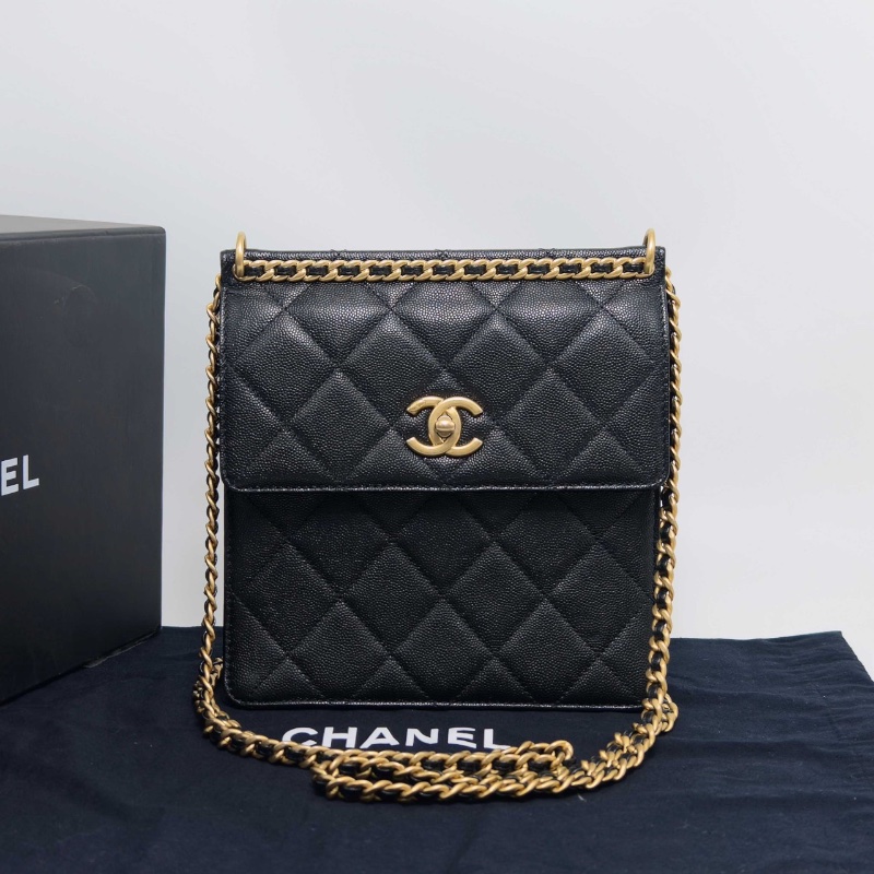 CHANEL 黑金荔枝紋肩背斜背包18*20*7.5 99新配件盒子塵袋-1