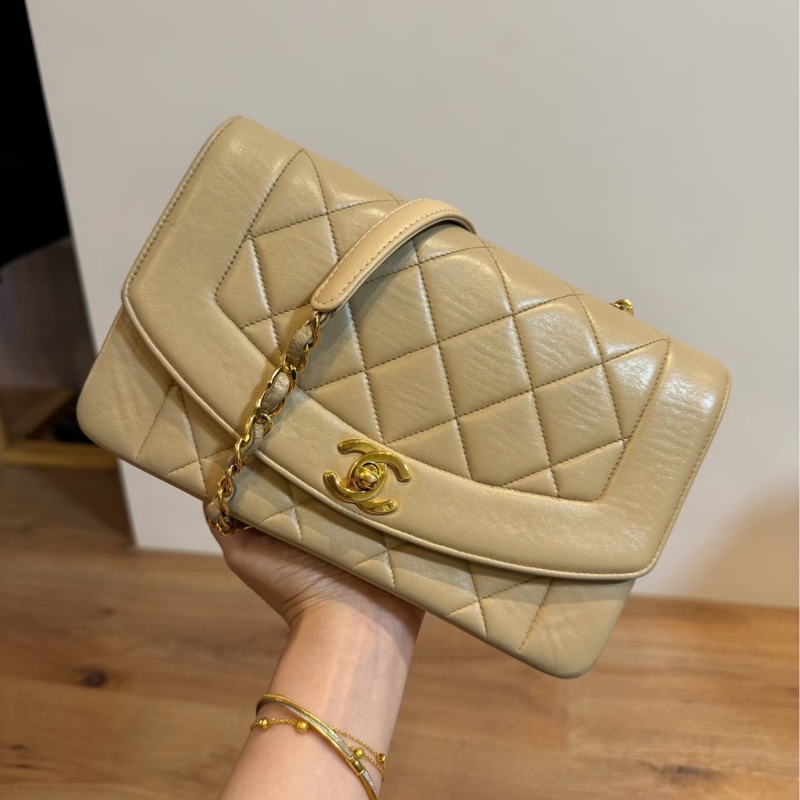 CHANEL VINTAGE 經典 diana 黛安娜 米色 奶茶色 羊皮金釦 戴妃包 黛妃包 斜背包 肩背包 手提包-9