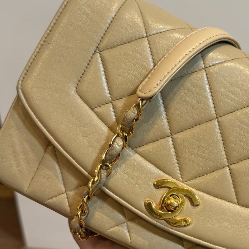 CHANEL VINTAGE 經典 diana 黛安娜 米色 奶茶色 羊皮金釦 戴妃包 黛妃包 斜背包 肩背包 手提包-27