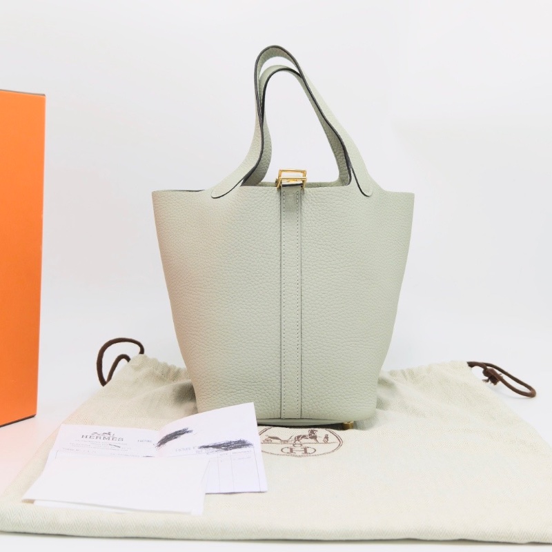HERMES 氣泡綠金扣菜籃子18手提袋18*18*13 98新配件盒子塵袋購證-1