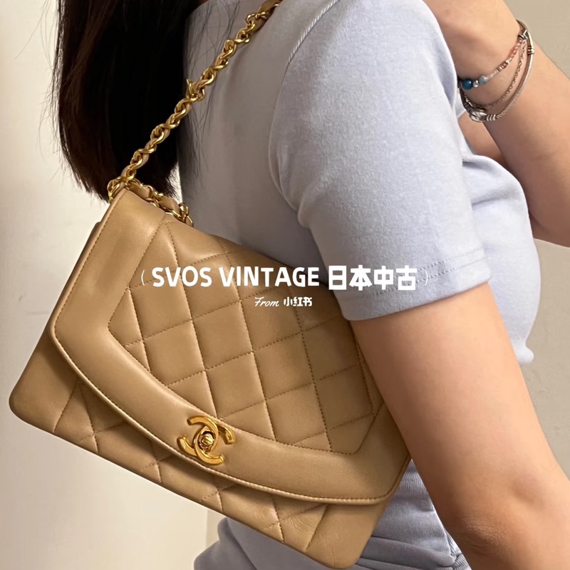 CHANEL VINTAGE 經典 diana 黛安娜 米色 奶茶色 羊皮金釦 戴妃包 黛妃包 斜背包 肩背包 手提包-6