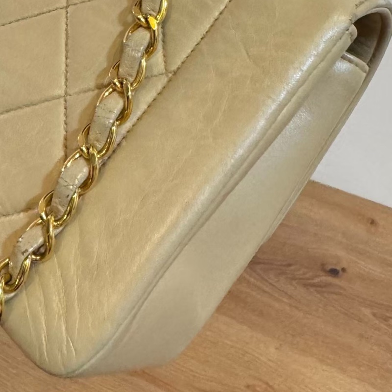 CHANEL VINTAGE 經典 diana 黛安娜 米色 奶茶色 羊皮金釦 戴妃包 黛妃包 斜背包 肩背包 手提包-37