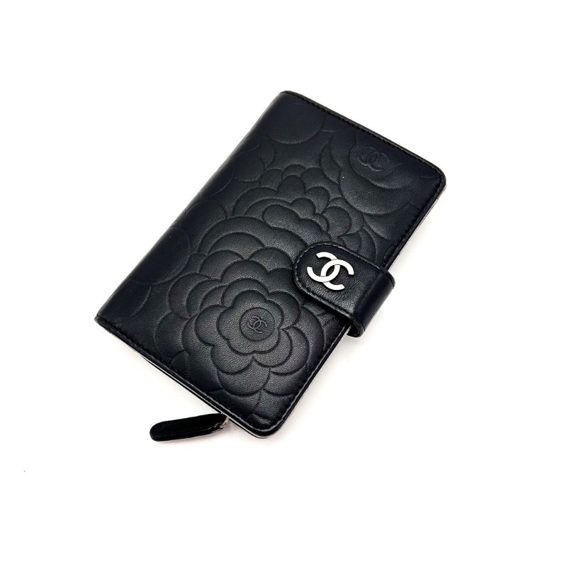 CHANEL拼色銀扣山茶花錢包10*15*2 98新配件塵袋-5