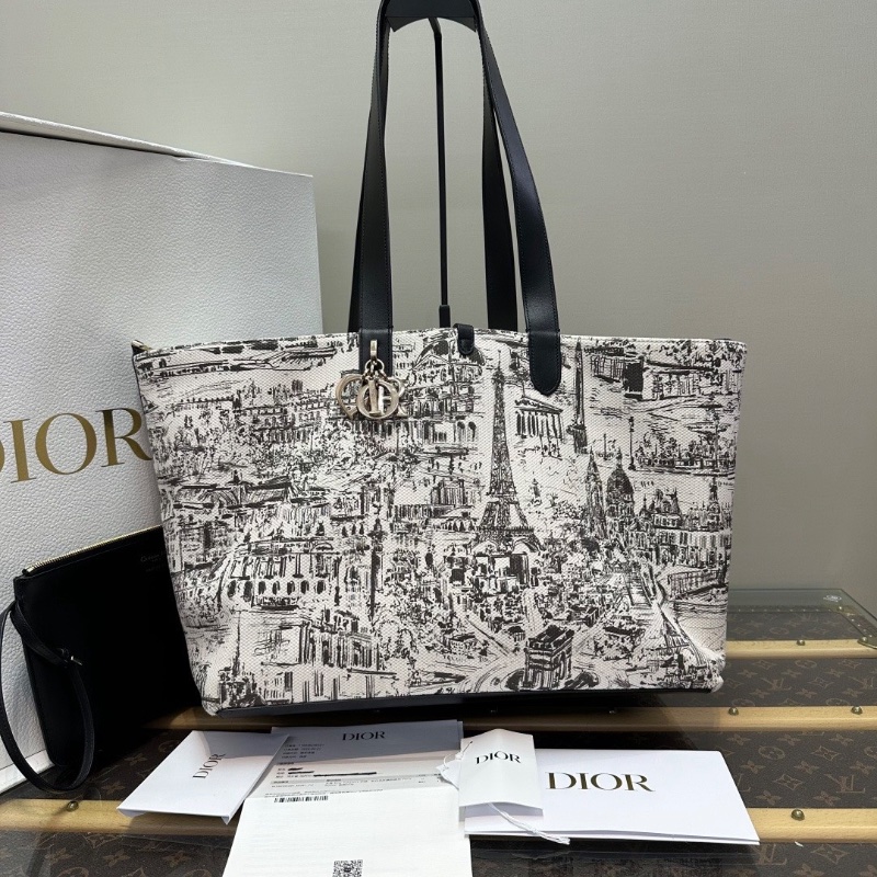 DIOR黑白塗鴉限定款帆布拼皮子母托特包36*28*21 98新配件盒子購證吊牌-1