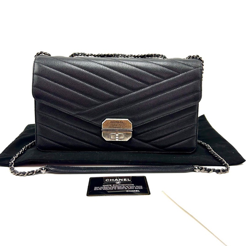 CHANEL黑銀2.55系列肩背斜背郵差包30*17*7 98新配件塵袋保卡-1