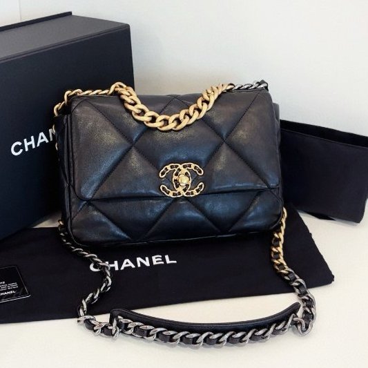近新品 香奈兒/Chanel 黑金大菱格19bag枕頭包小號鏈條包-0