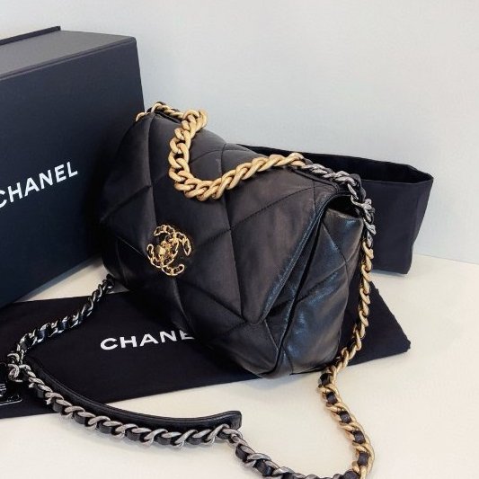 近新品 香奈兒/Chanel 黑金大菱格19bag枕頭包小號鏈條包-3