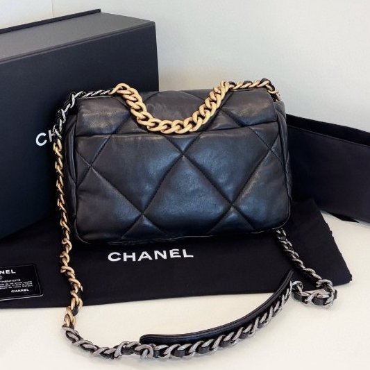 近新品 香奈兒/Chanel 黑金大菱格19bag枕頭包小號鏈條包-6