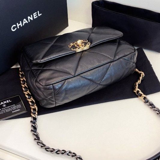 近新品 香奈兒/Chanel 黑金大菱格19bag枕頭包小號鏈條包-7