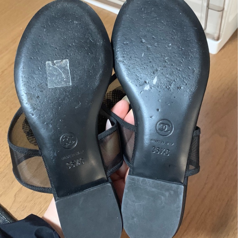 Chanel香奈兒 人字拖涼鞋 36.5碼 經典黑色網紗材質配山茶花裝飾-5