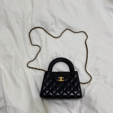急！可議價Chanel 黑復刻小牛皮菱格紋 Kelly Mini 霧金釦手提斜背鍊包 AS4416