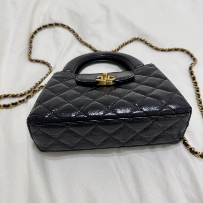 急！可議價Chanel 黑復刻小牛皮菱格紋 Kelly Mini 霧金釦手提斜背鍊包 AS4416-2