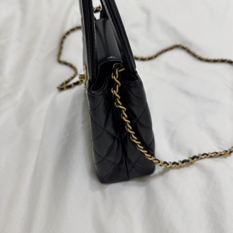 急！可議價Chanel 黑復刻小牛皮菱格紋 Kelly Mini 霧金釦手提斜背鍊包 AS4416-3