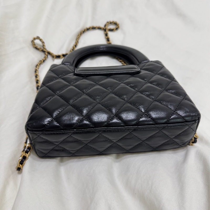 急！可議價Chanel 黑復刻小牛皮菱格紋 Kelly Mini 霧金釦手提斜背鍊包 AS4416-4