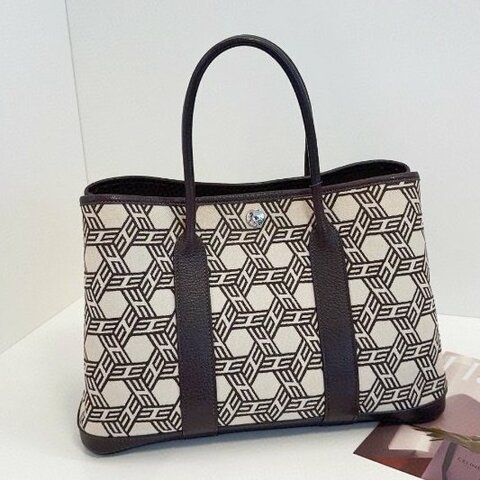 Hermes愛馬仕 稀有絶版多邊幾何格紋GardenParty 帆佈拼皮花園包