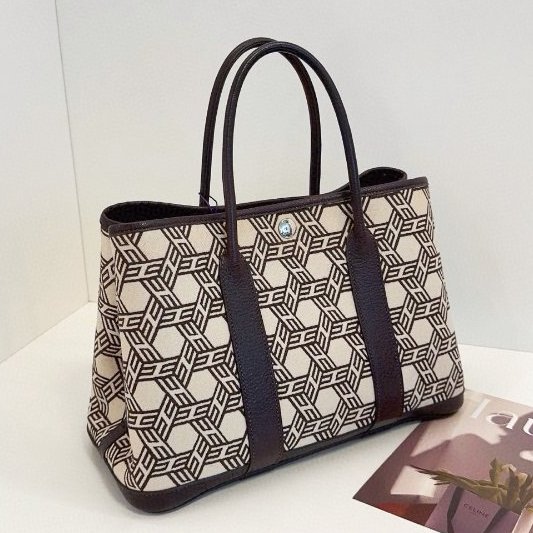 Hermes愛馬仕 稀有絶版多邊幾何格紋GardenParty 帆佈拼皮花園包-2