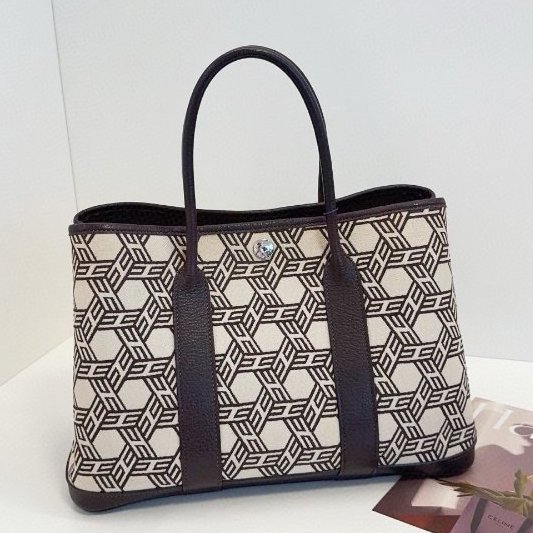 Hermes愛馬仕 稀有絶版多邊幾何格紋GardenParty 帆佈拼皮花園包-5