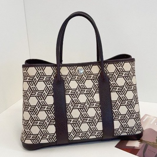 Hermes愛馬仕 稀有絶版多邊幾何格紋GardenParty 帆佈拼皮花園包-6