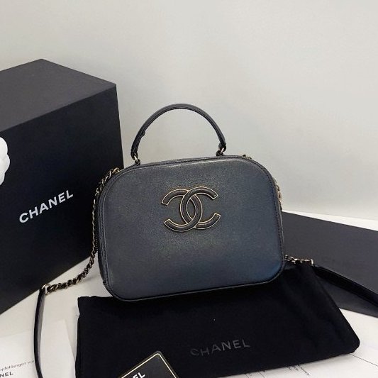 香奈兒/Chanel 黑金牛皮複古大雙C小蘋果盒子相機包 自帶手提-0