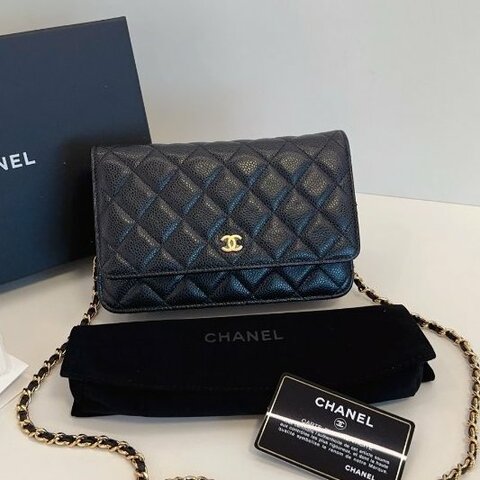 閒置新 香奈兒/Chanel黑金荔枝紋菱格WOC鏈條包