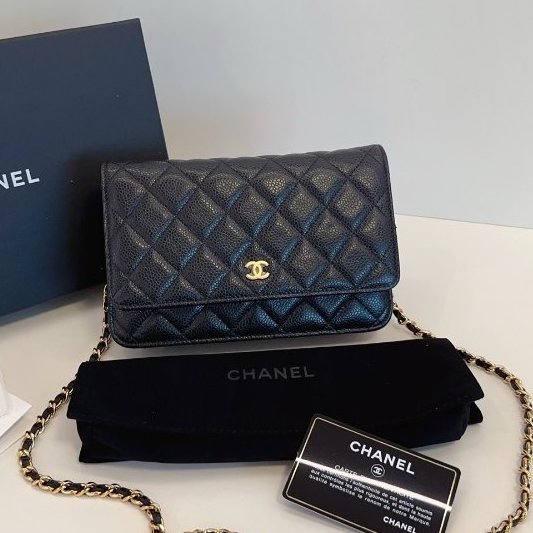 閒置新 香奈兒/Chanel黑金荔枝紋菱格WOC鏈條包-0