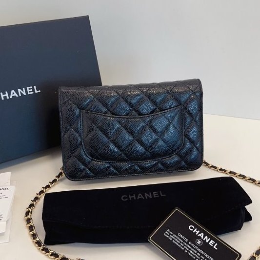 閒置新 香奈兒/Chanel黑金荔枝紋菱格WOC鏈條包-1