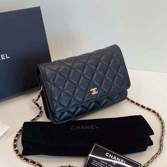 閒置新 香奈兒/Chanel黑金荔枝紋菱格WOC鏈條包-2