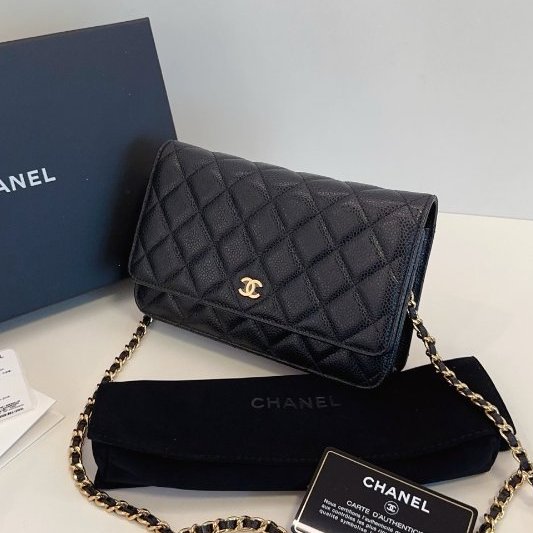 閒置新 香奈兒/Chanel黑金荔枝紋菱格WOC鏈條包-3