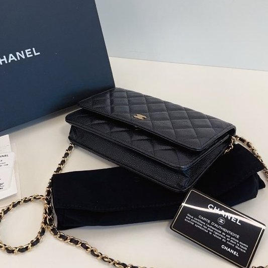 閒置新 香奈兒/Chanel黑金荔枝紋菱格WOC鏈條包-4