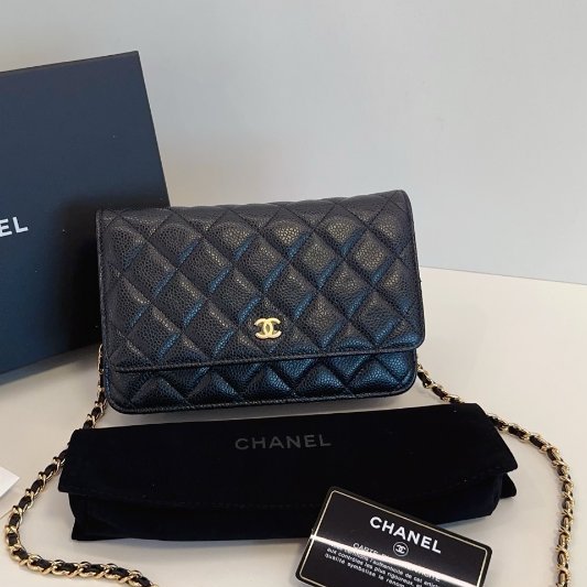 閒置新 香奈兒/Chanel黑金荔枝紋菱格WOC鏈條包-5