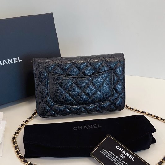 閒置新 香奈兒/Chanel黑金荔枝紋菱格WOC鏈條包-6