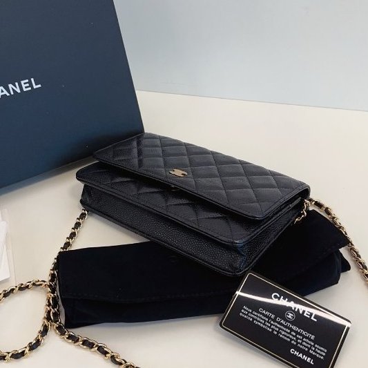 閒置新 香奈兒/Chanel黑金荔枝紋菱格WOC鏈條包-7