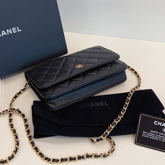 閒置新 香奈兒/Chanel黑金荔枝紋菱格WOC鏈條包-8