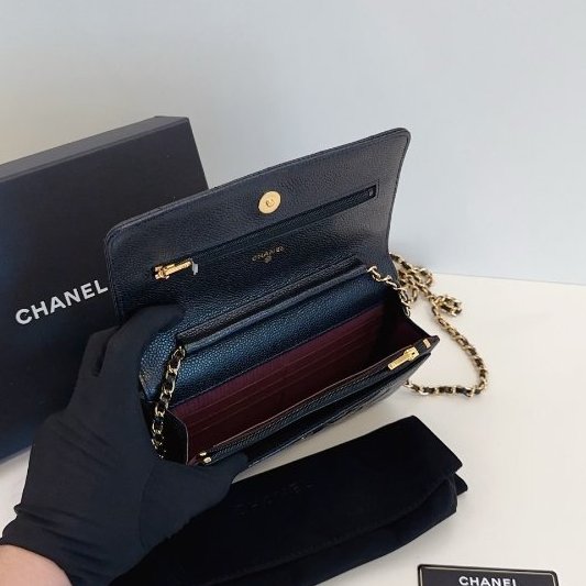 閒置新 香奈兒/Chanel黑金荔枝紋菱格WOC鏈條包-9