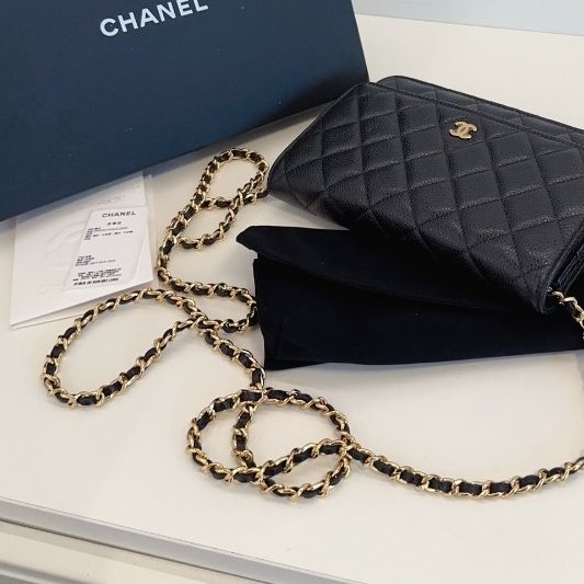 閒置新 香奈兒/Chanel黑金荔枝紋菱格WOC鏈條包-10