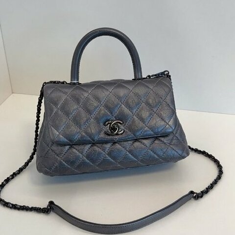 近新品 香奈兒/Chanel Coco Handle銀灰色小號 菱格紋+雙C扣設計 可手提肩背斜背