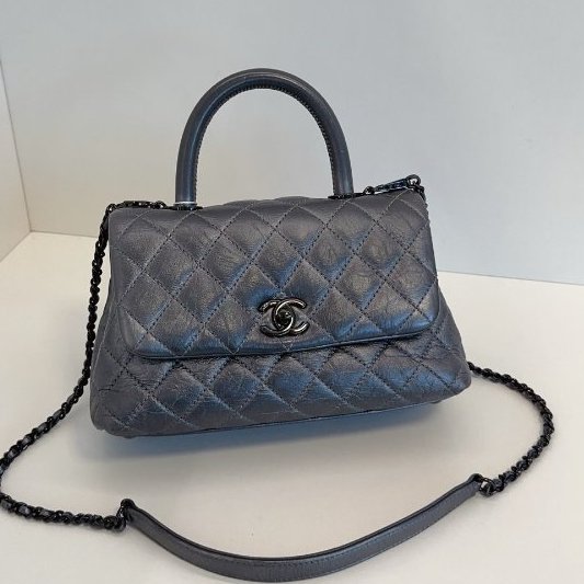 近新品 香奈兒/Chanel Coco Handle銀灰色小號 菱格紋+雙C扣設計 可手提肩背斜背-0